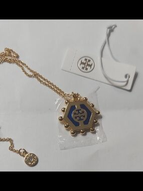 Tory Burch Gold and Blue Hexagon Logo Pendant Necklace